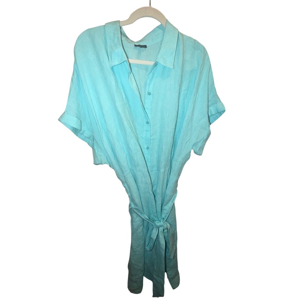Talbots Plus Turquoise 100% Linen Button Front Belted Shirt Dress Pockets 20W